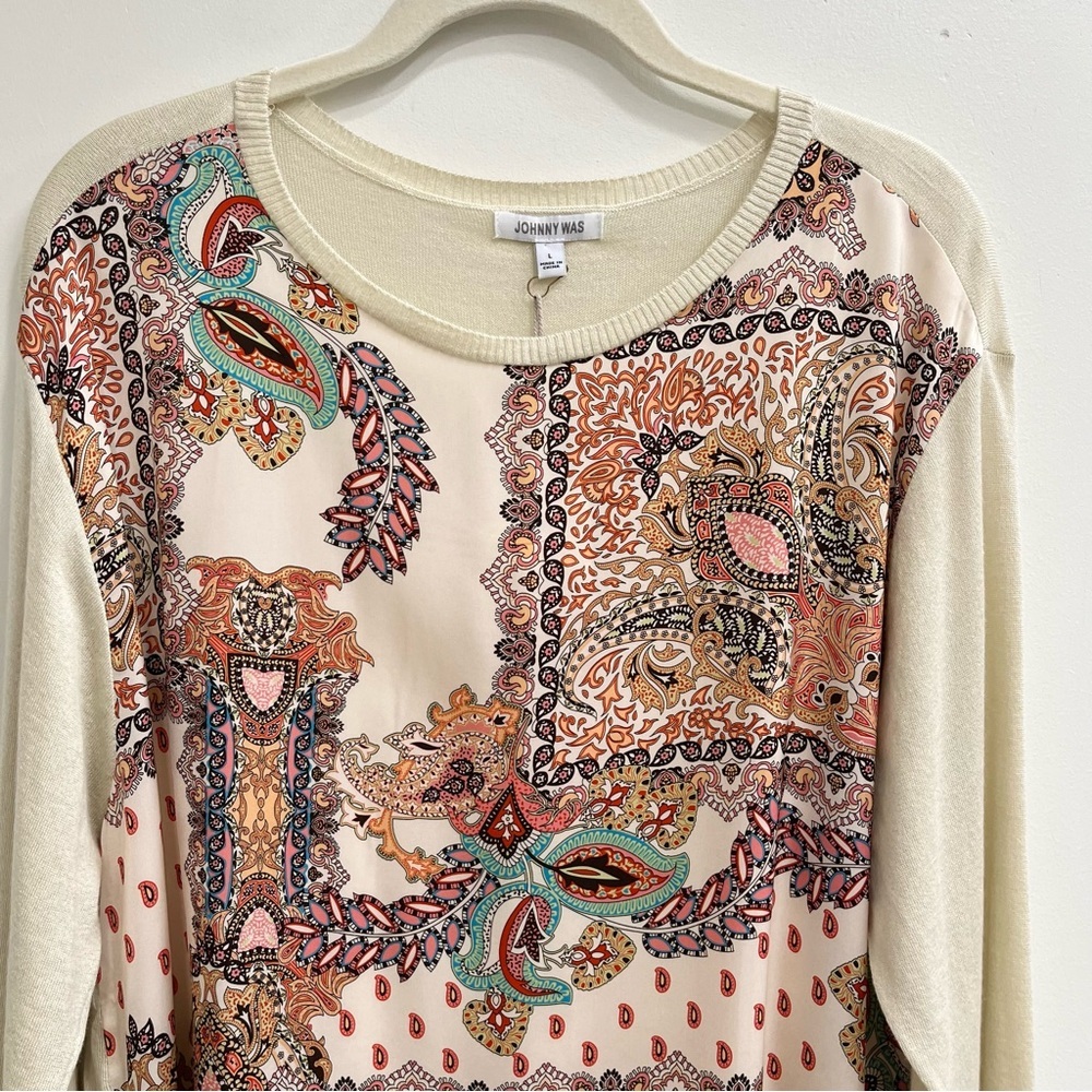 Johnny Was Boho Elodie Scarf Front Lightweight Pullover Top Silk Cashmere Large - Picture 3 of 15